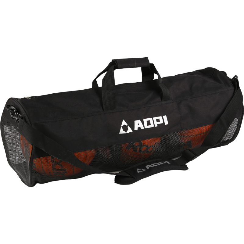 Taška na basketbal z hrubšej Oxford látky na uloženie, s dnom a bočnými stranami, ramenný crossbody popruh, sieťová kapsa, potlač loga na objednávku.