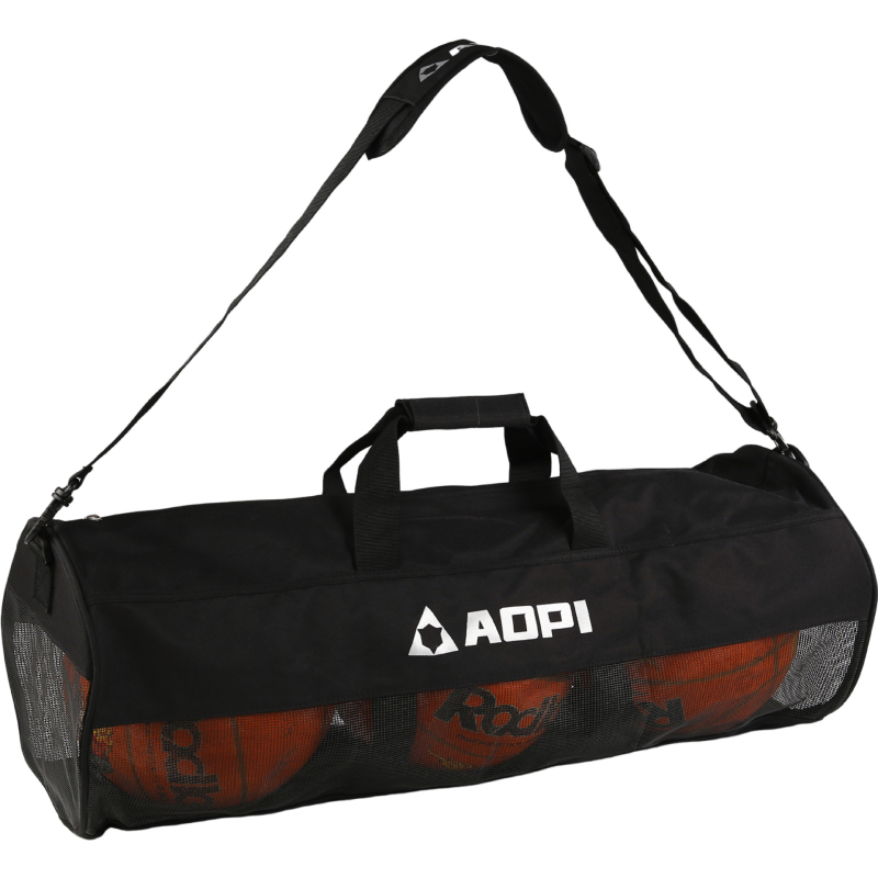 Taška na basketbal z hrubšej Oxford látky na uloženie, s dnom a bočnými stranami, ramenný crossbody popruh, sieťová kapsa, potlač loga na objednávku.