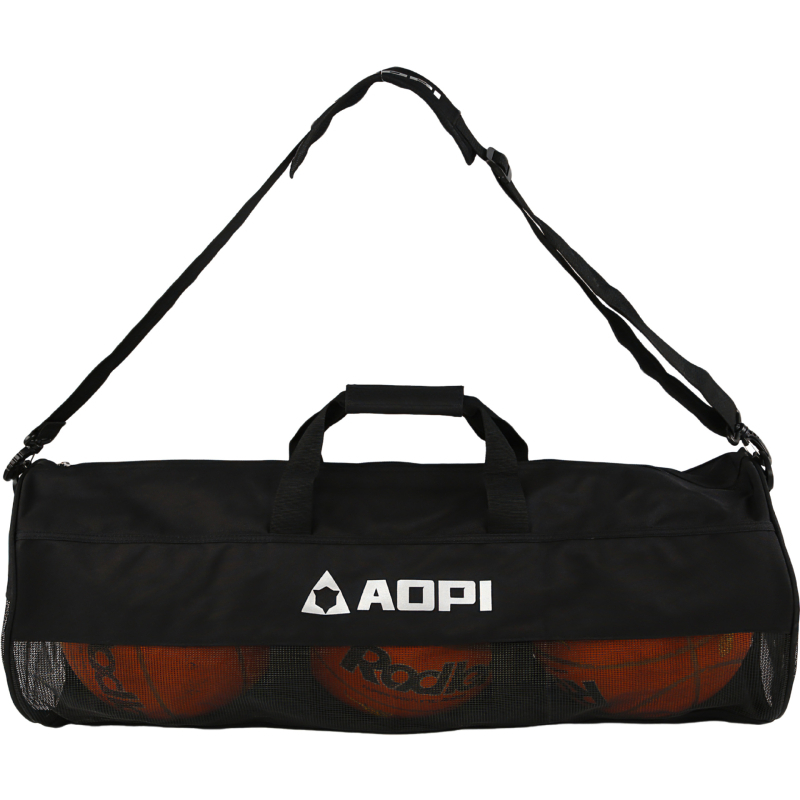 Taška na basketbal z hrubšej Oxford látky na uloženie, s dnom a bočnými stranami, ramenný crossbody popruh, sieťová kapsa, potlač loga na objednávku.