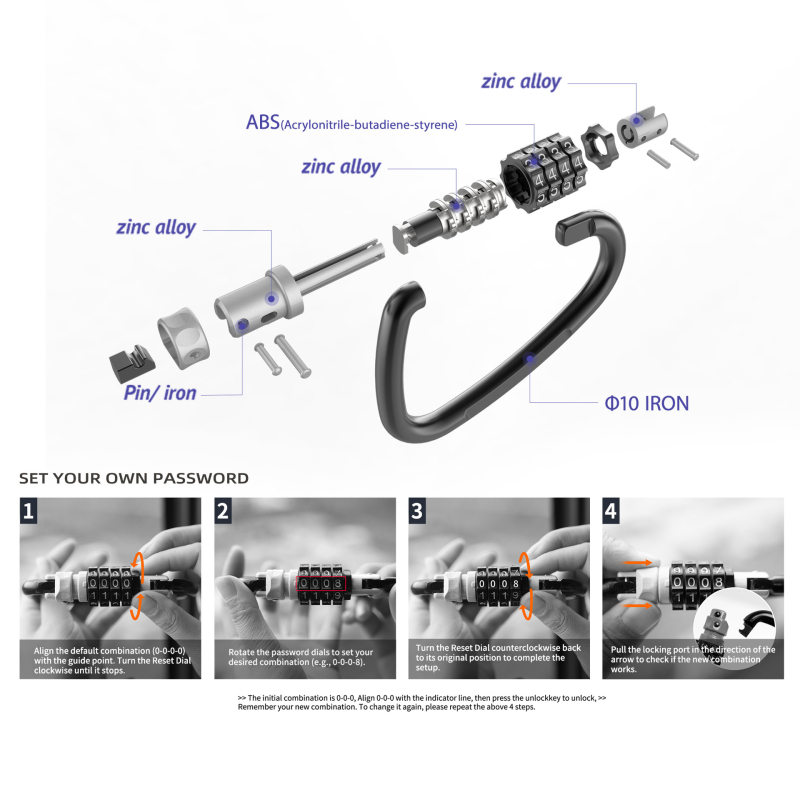 Mechanický zámok s kódom pre košík na prilbu bicykla – séria 10, materiál: železo/zinkový kov/ABS, hrúbka zámovej tyčky 10 mm, vzdialenosť tyčí 75 mm