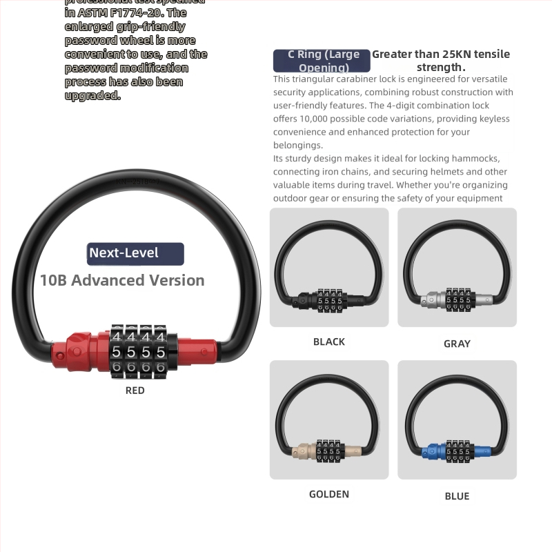 Mechanický zámok s kódom pre košík na prilbu bicykla – séria 10, materiál: železo/zinkový kov/ABS, hrúbka zámovej tyčky 10 mm, vzdialenosť tyčí 75 mm