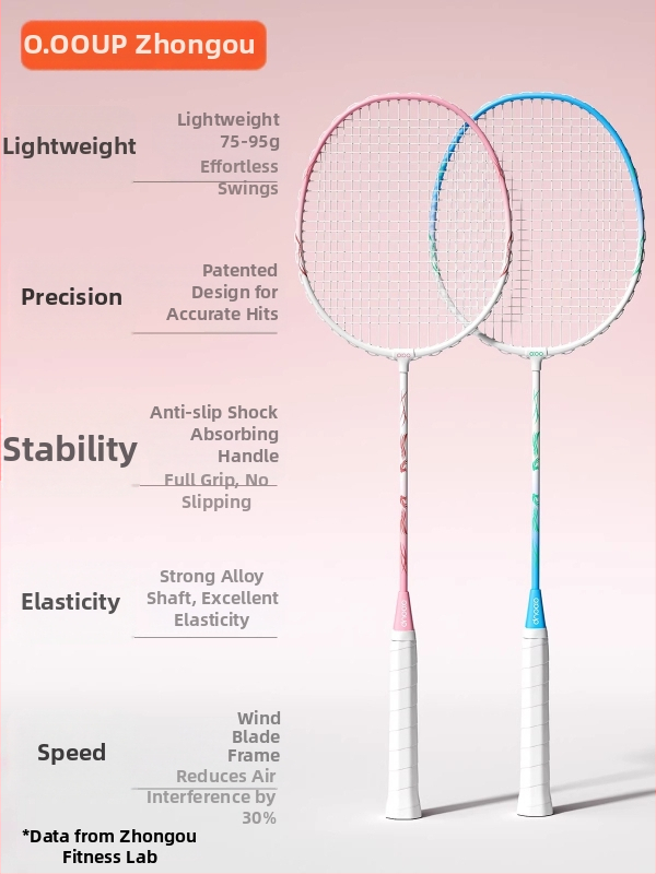 Set rakiet na badminton s rámom z železného zliatiny, nylonové struny, hmotnosť 95–100 g, hrúbka rukoväti G5, typ rakety: priama
