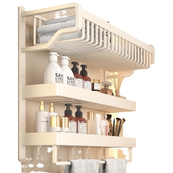 Jiayun hliníkový 3-podlažný bezvŕtový stojan na uteráky do kúpeľne s háčikmi a tyčou – nosnosť 10 kg, povrch s plastovým náterom, moderný ľahký luxusný štýl