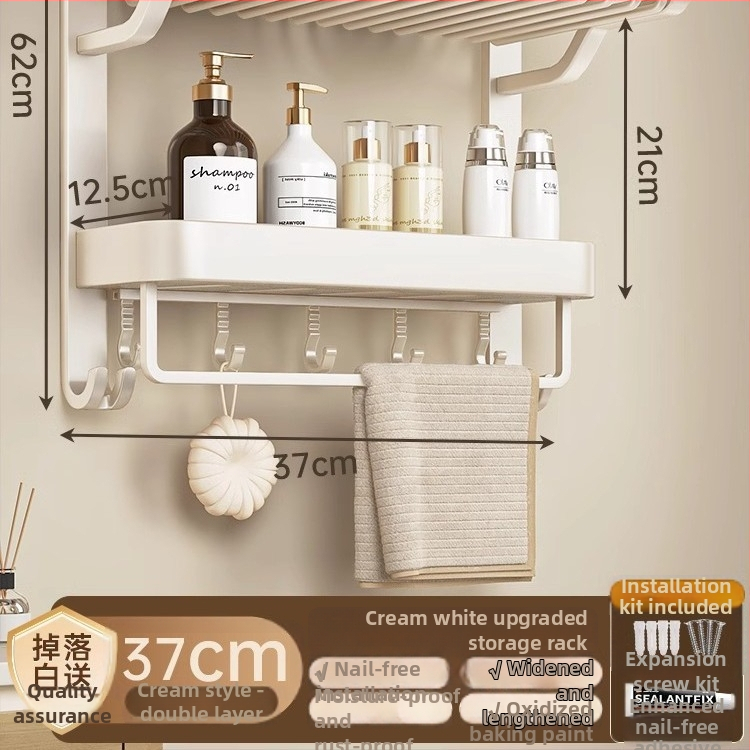 Jiayun hliníkový 3-podlažný bezvŕtový stojan na uteráky do kúpeľne s háčikmi a tyčou – nosnosť 10 kg, povrch s plastovým náterom, moderný ľahký luxusný štýl