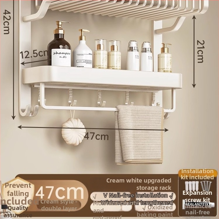 Jiayun hliníkový 3-podlažný bezvŕtový stojan na uteráky do kúpeľne s háčikmi a tyčou – nosnosť 10 kg, povrch s plastovým náterom, moderný ľahký luxusný štýl