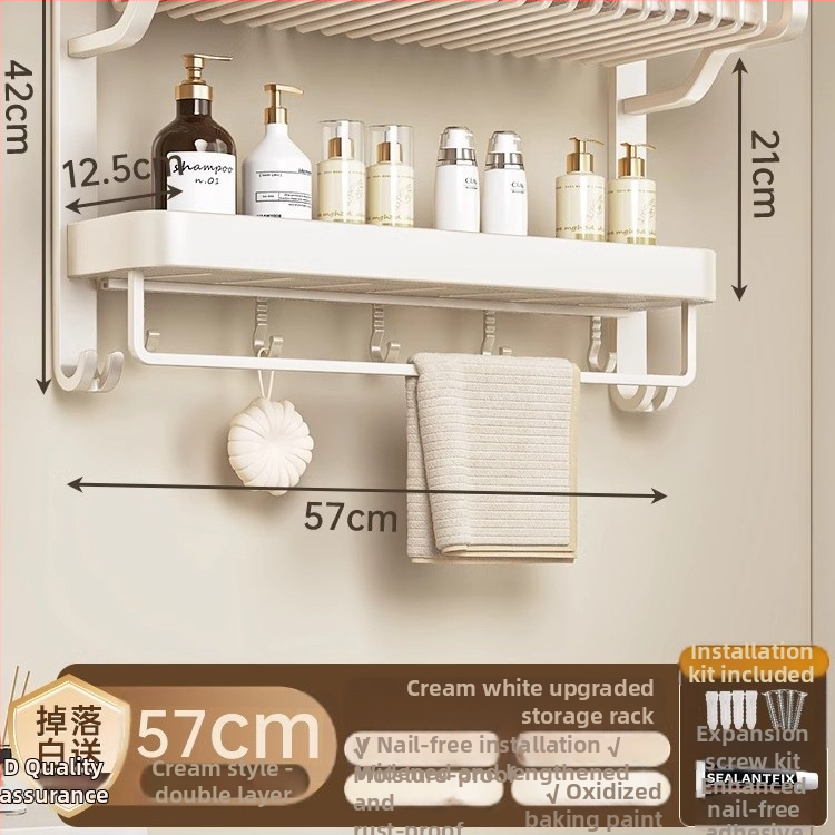 Jiayun hliníkový 3-podlažný bezvŕtový stojan na uteráky do kúpeľne s háčikmi a tyčou – nosnosť 10 kg, povrch s plastovým náterom, moderný ľahký luxusný štýl