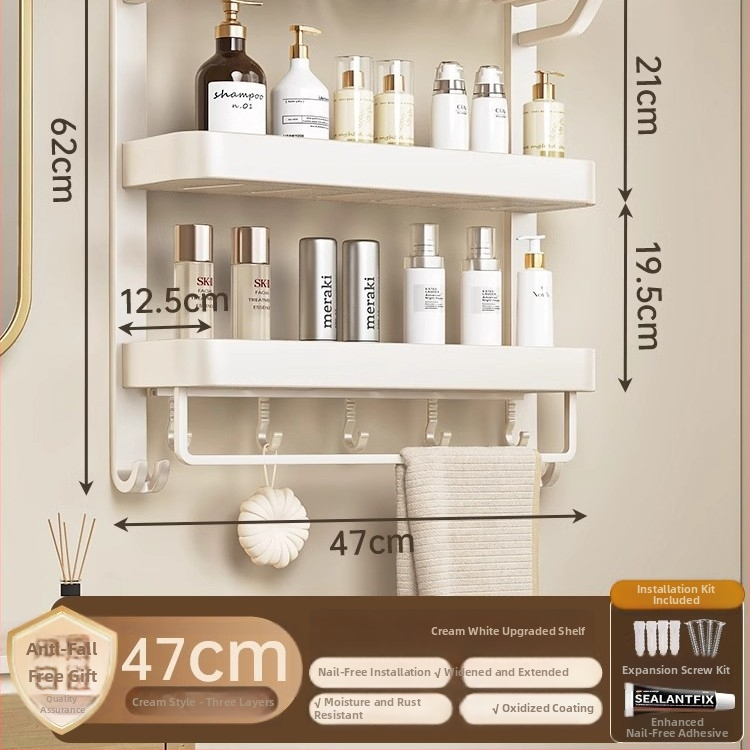 Jiayun hliníkový 3-podlažný bezvŕtový stojan na uteráky do kúpeľne s háčikmi a tyčou – nosnosť 10 kg, povrch s plastovým náterom, moderný ľahký luxusný štýl