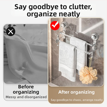 Držiak na uteráky s bezvrtaným sacím systémom, na stenu, dvojitá tyč, plast a nerezová oceľ