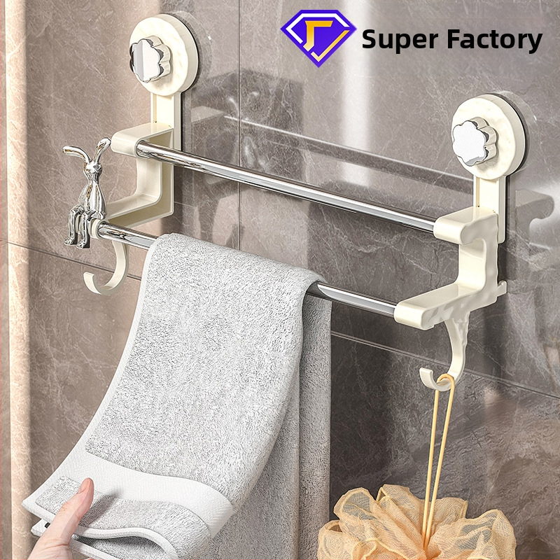 Držiak na uteráky s bezvrtaným sacím systémom, na stenu, dvojitá tyč, plast a nerezová oceľ