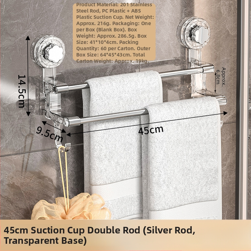 Držiak na uteráky s bezvrtaným sacím systémom, na stenu, dvojitá tyč, plast a nerezová oceľ