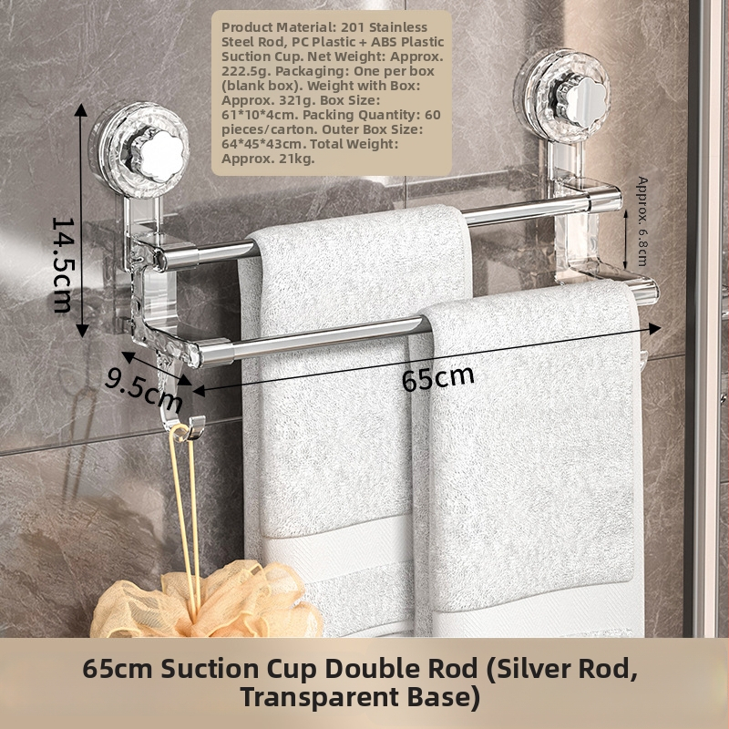 Držiak na uteráky s bezvrtaným sacím systémom, na stenu, dvojitá tyč, plast a nerezová oceľ