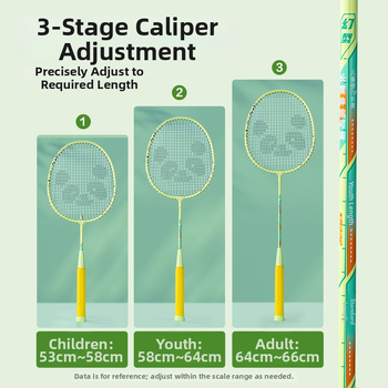 Bedmintonová raketa s teleskopickou reguláciou a deleným dizajnom, rám z železného zliatiny, dĺžka 665 mm, vlákna s vysokou elasticitou