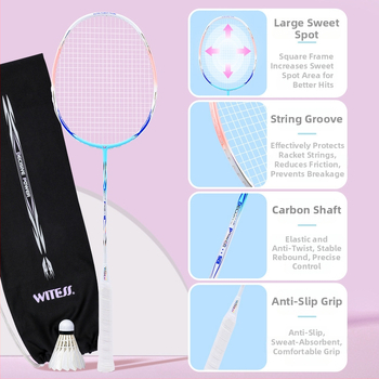 WITESS badmintonireket süsinikkiust raamiga, kaal 80–84 g, nailonist stringid, sirge telg, käepide G5, sobib badmintonile ja tennisile, treeninguks