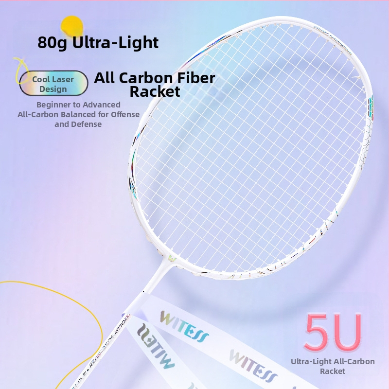 Badmintoni reket meestele ja naistele, süsinikkiust raam, kaal 80–84 g, käepideme paksus G4, otsene löök, nailonist stringid