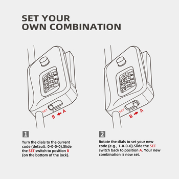 01D6-ADJ Zámok s heslom pre bicykle, kočíky, kolobežky a elektrické bicykle — nekonečne nastaviteľný, telo zo zliatiny zinku, 335 g