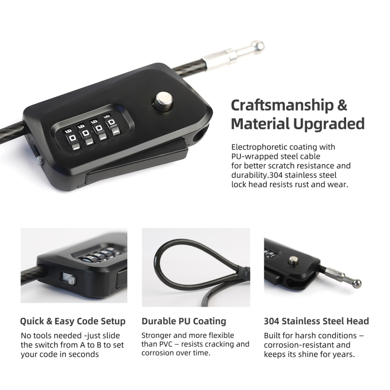 01D6-ADJ Zámok s heslom pre bicykle, kočíky, kolobežky a elektrické bicykle — nekonečne nastaviteľný, telo zo zliatiny zinku, 335 g