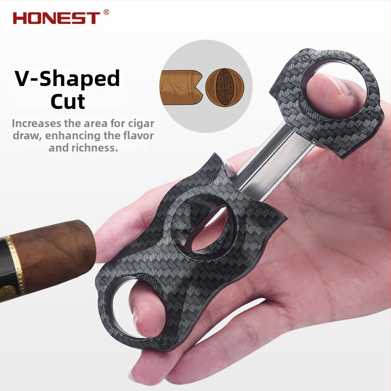 Nožnice na cigare, dvojstranné, nerezová oceľ, povrch karbónových vlákien, značka Hong Lin, ručné ovládanie