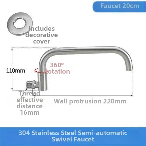 Nerezový kuchynský drezový kohút s inštaláciou do steny, otočný, len studená voda, keramický diskový ventil, brúsený povrch