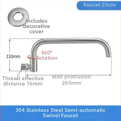 Nerezový kuchynský drezový kohút s inštaláciou do steny, otočný, len studená voda, keramický diskový ventil, brúsený povrch
