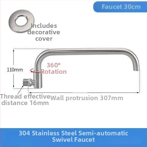 Nerezový kuchynský drezový kohút s inštaláciou do steny, otočný, len studená voda, keramický diskový ventil, brúsený povrch