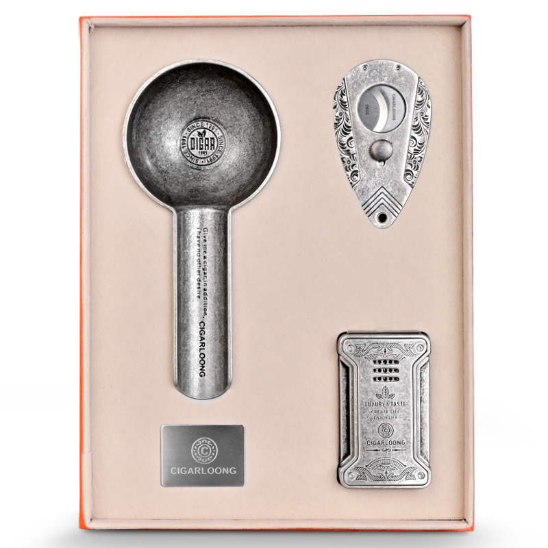 Set 3 dielov: zapaľovač na cigary, popolník a dvojstranné nožnice na cigary – vetruodolný, rovný plameň, značka CIGARLOONG.