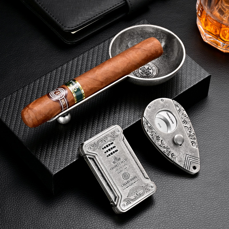 Set 3 dielov: zapaľovač na cigary, popolník a dvojstranné nožnice na cigary – vetruodolný, rovný plameň, značka CIGARLOONG.