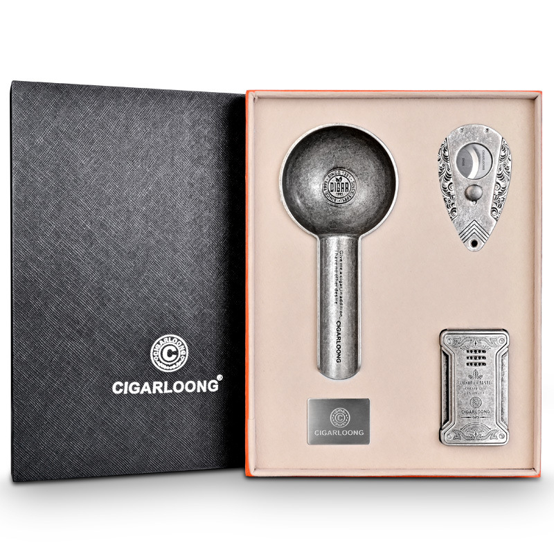 Set 3 dielov: zapaľovač na cigary, popolník a dvojstranné nožnice na cigary – vetruodolný, rovný plameň, značka CIGARLOONG.