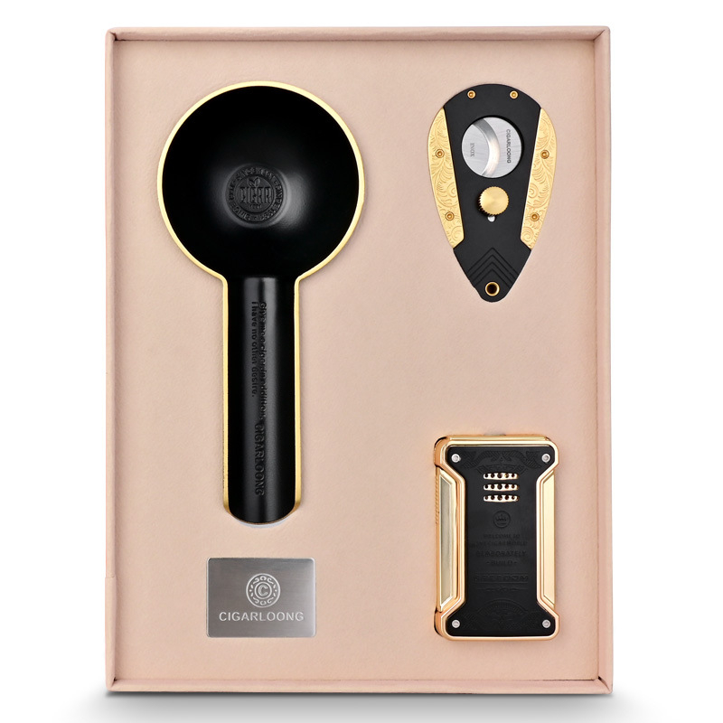Set 3 dielov: zapaľovač na cigary, popolník a dvojstranné nožnice na cigary – vetruodolný, rovný plameň, značka CIGARLOONG.