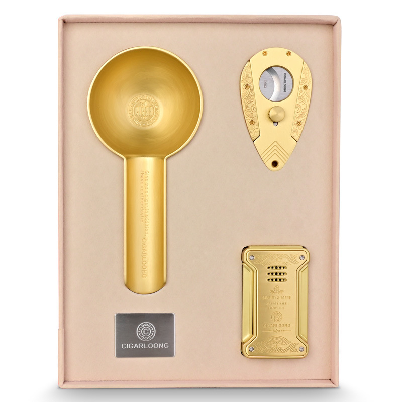 Set 3 dielov: zapaľovač na cigary, popolník a dvojstranné nožnice na cigary – vetruodolný, rovný plameň, značka CIGARLOONG.