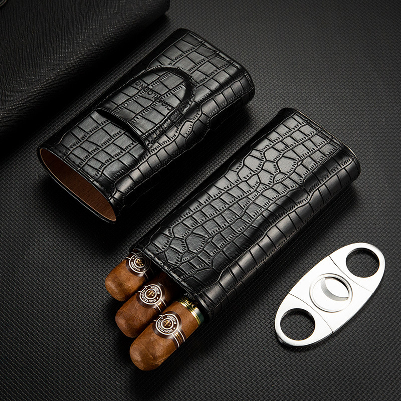 CIGARLOONG cigāru šķēru komplekts ar ādas pārnēsājamu mitrināšanas kastīti, 3 gab.