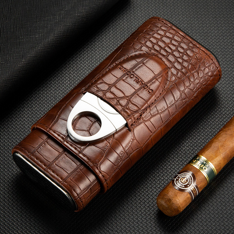 CIGARLOONG cigāru šķēru komplekts ar ādas pārnēsājamu mitrināšanas kastīti, 3 gab.