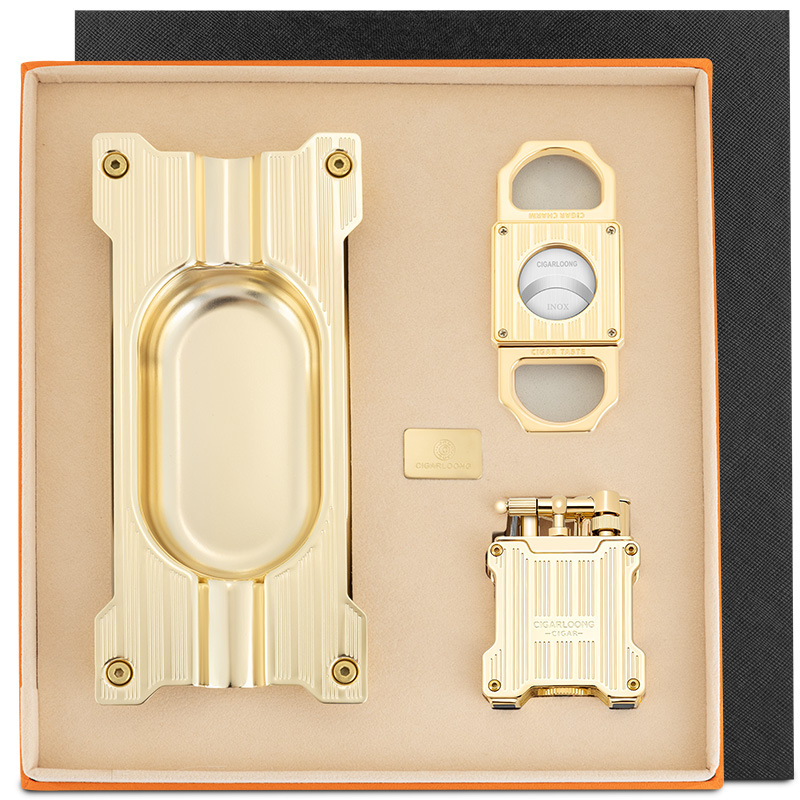 Trojdielny luxusný set na cigary Cigarloong – kovový popolník s veľkým priemerom a dvomi slotmi, vetroodolný, model CL-277