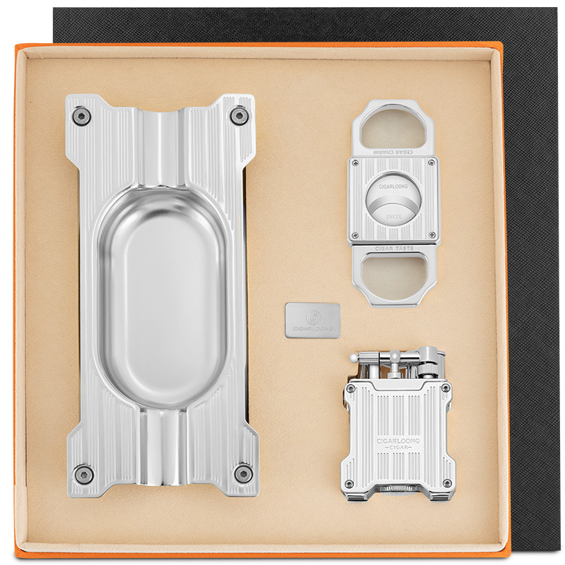 Trojdielny luxusný set na cigary Cigarloong – kovový popolník s veľkým priemerom a dvomi slotmi, vetroodolný, model CL-277