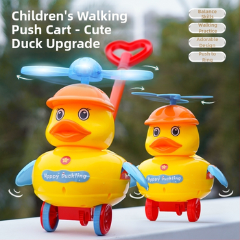 CL Hračkárska na tlačenie pre deti 0–3 rokov, kreslená kačka so zvukom – z plastu, rozvíja plazenie, uchopenie, zmysly a koordináciu ruka-oko