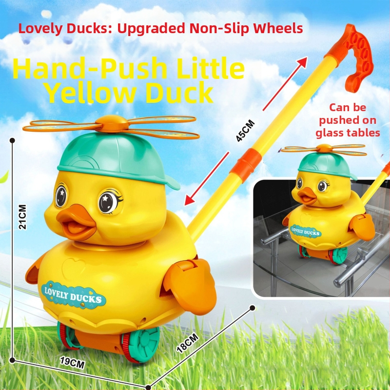 CL Hračkárska na tlačenie pre deti 0–3 rokov, kreslená kačka so zvukom – z plastu, rozvíja plazenie, uchopenie, zmysly a koordináciu ruka-oko