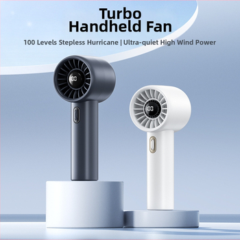 Ručný ventilátor s digitálnym displejom, bezkrokové nastavenie rýchlosti, vstavaná batéria a bezkomutátorový motor