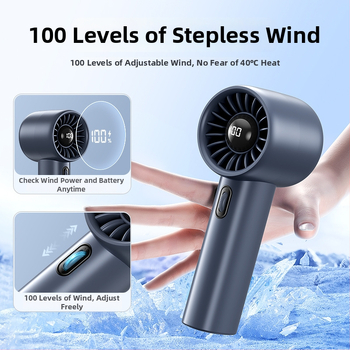 Ručný ventilátor s digitálnym displejom, bezkrokové nastavenie rýchlosti, vstavaná batéria a bezkomutátorový motor