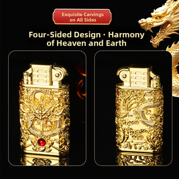 Kovový zapaľovač s reliéfnym vzorom draka, priame zapálenie, butánový pohon, vetruodolný, dekoratívny/zbierateľný