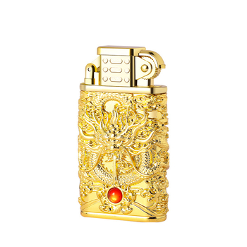 Kovový zapaľovač s reliéfnym vzorom draka, priame zapálenie, butánový pohon, vetruodolný, dekoratívny/zbierateľný