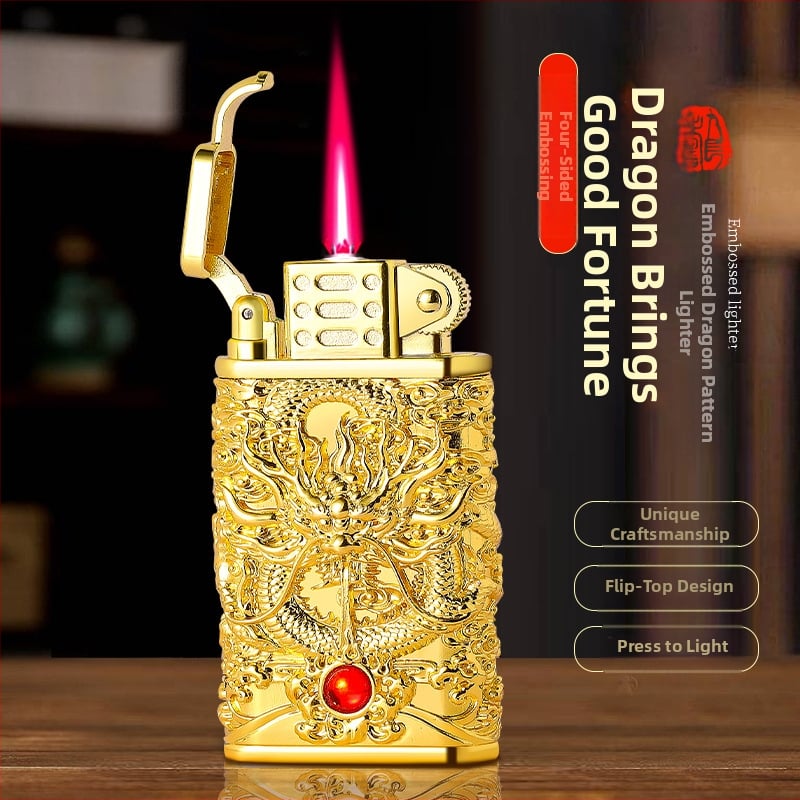 Kovový zapaľovač s reliéfnym vzorom draka, priame zapálenie, butánový pohon, vetruodolný, dekoratívny/zbierateľný