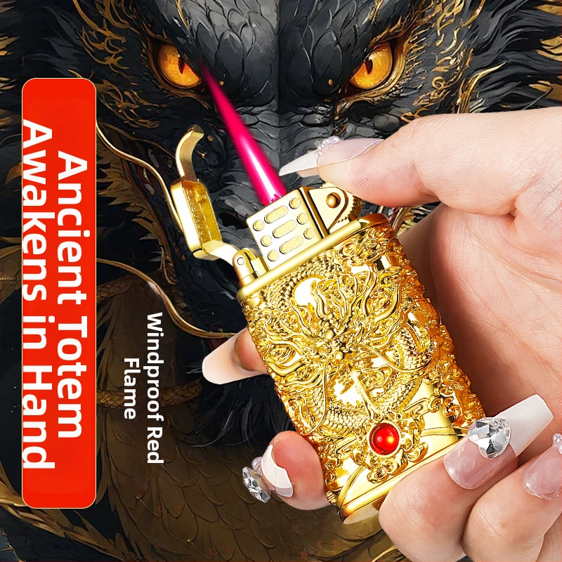 Kovový zapaľovač s reliéfnym vzorom draka, priame zapálenie, butánový pohon, vetruodolný, dekoratívny/zbierateľný