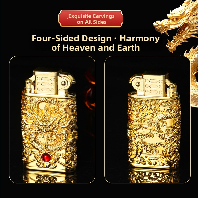 Kovový zapaľovač s reliéfnym vzorom draka, priame zapálenie, butánový pohon, vetruodolný, dekoratívny/zbierateľný