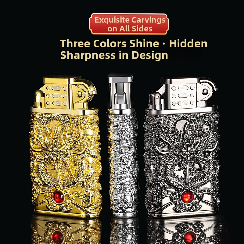 Kovový zapaľovač s reliéfnym vzorom draka, priame zapálenie, butánový pohon, vetruodolný, dekoratívny/zbierateľný