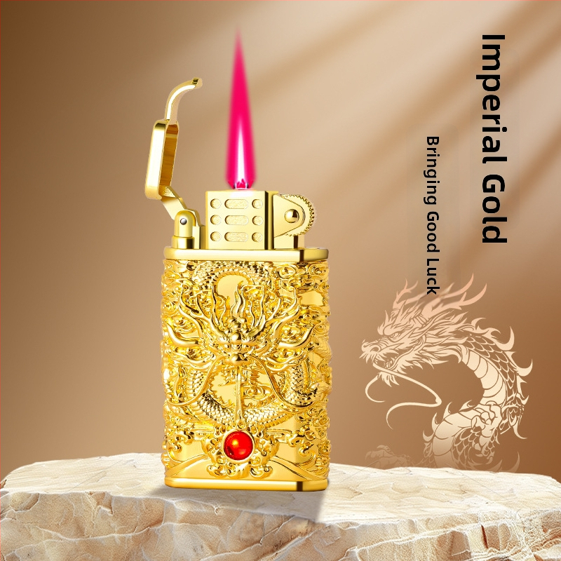 Kovový zapaľovač s reliéfnym vzorom draka, priame zapálenie, butánový pohon, vetruodolný, dekoratívny/zbierateľný