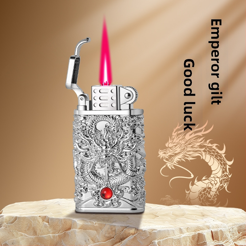 Kovový zapaľovač s reliéfnym vzorom draka, priame zapálenie, butánový pohon, vetruodolný, dekoratívny/zbierateľný