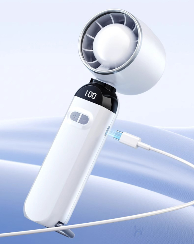 Stolový ventilátor s skladacím prenosným dizajnom, tichý, vstavaná batéria 300-500 mAh, napájanie cez USB, výdrž batérie 1-3 h