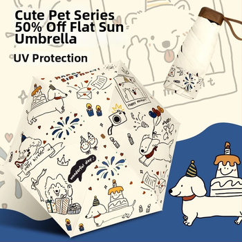 Slnečník s motívom mačka-pes, UPF50+ UV ochrana, dvojitá funkcia slnko a dážď, kompaktný vreckový, 5-dielna skladacia, polyester 190T