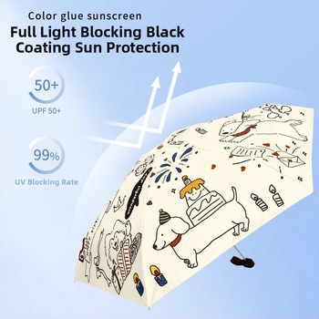 Slnečník s motívom mačka-pes, UPF50+ UV ochrana, dvojitá funkcia slnko a dážď, kompaktný vreckový, 5-dielna skladacia, polyester 190T