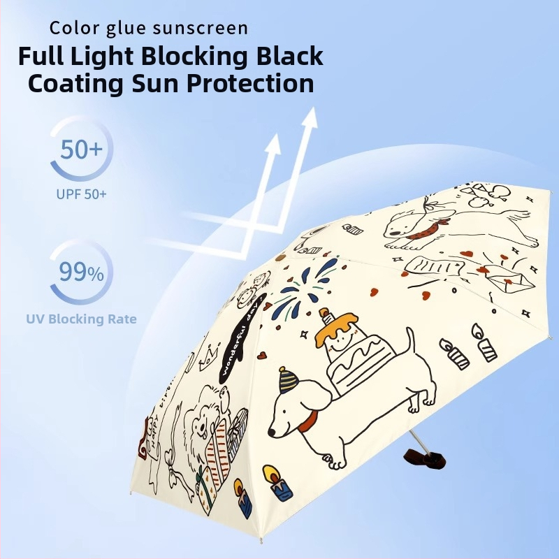 Kass- ja koer motiiviga päikesevari, UPF50+ UV kaitse, kahekordne kasutus päikese ja vihma jaoks, tasku suuruses kokkupandav, 5-osaline kokkupandav, polüester 190T