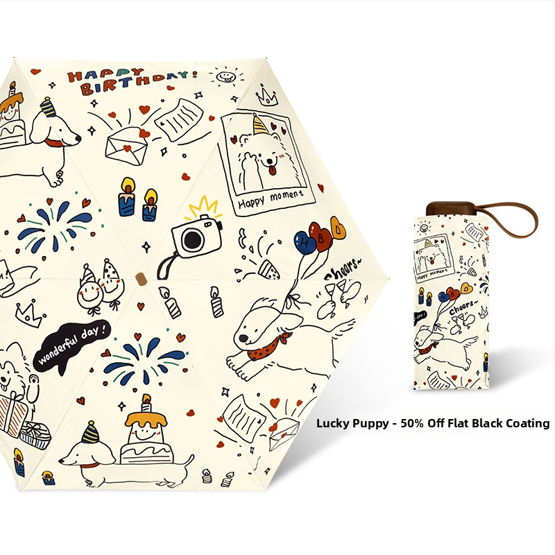 Slnečník s motívom mačka-pes, UPF50+ UV ochrana, dvojitá funkcia slnko a dážď, kompaktný vreckový, 5-dielna skladacia, polyester 190T